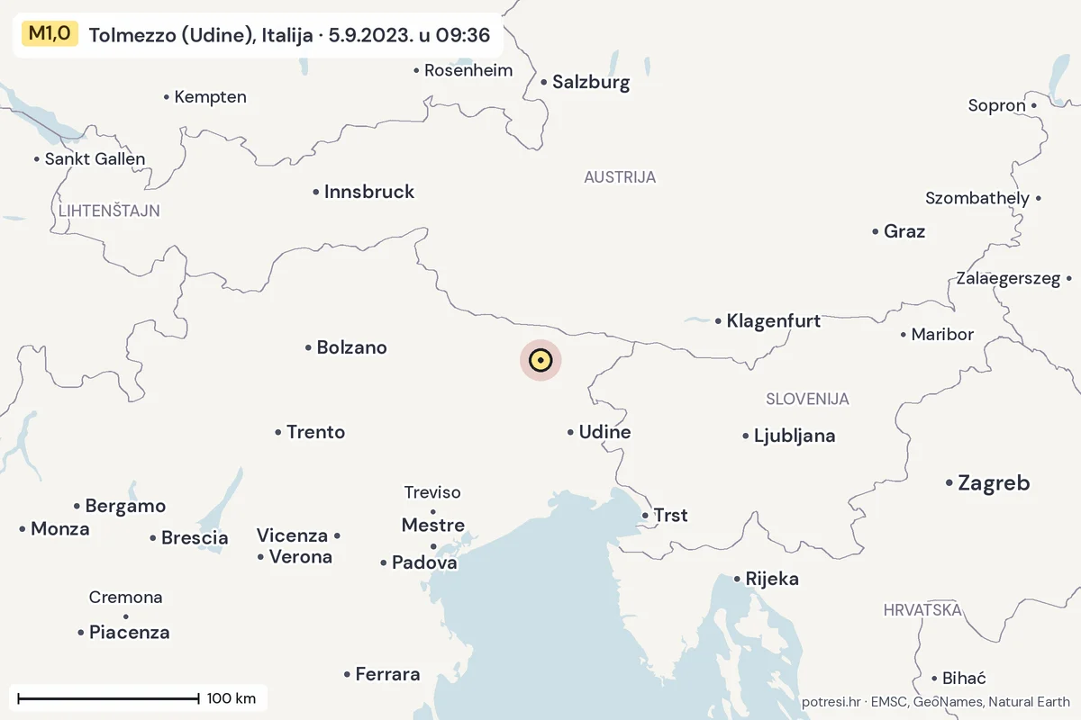 Karta: šire područje, 600 km, potres M1,0, Tolmezzo (Udine), Italija, 5.9.2023.