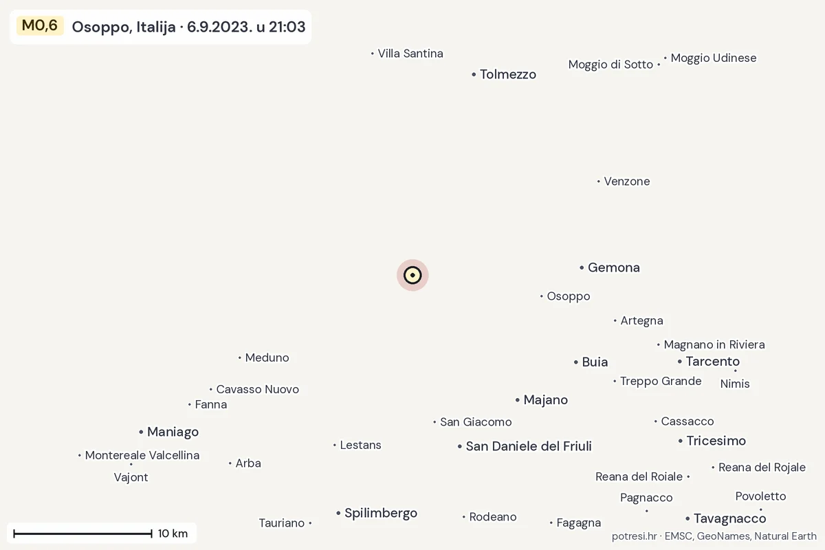 Karta: okolica epicentra, 60 km, potres M0,6, Osoppo, Italija, 6.9.2023.