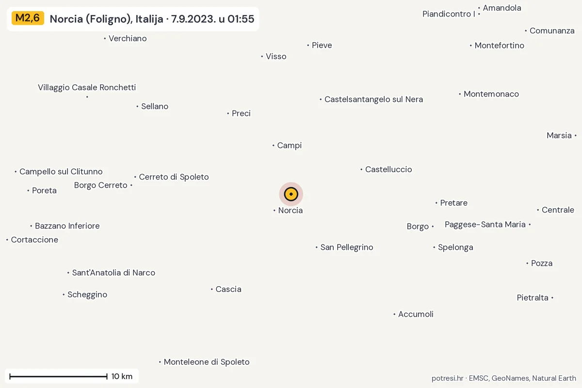 Karta: okolica epicentra, 60 km, potres M2,6, Norcia (Foligno), Italija, 7.9.2023.
