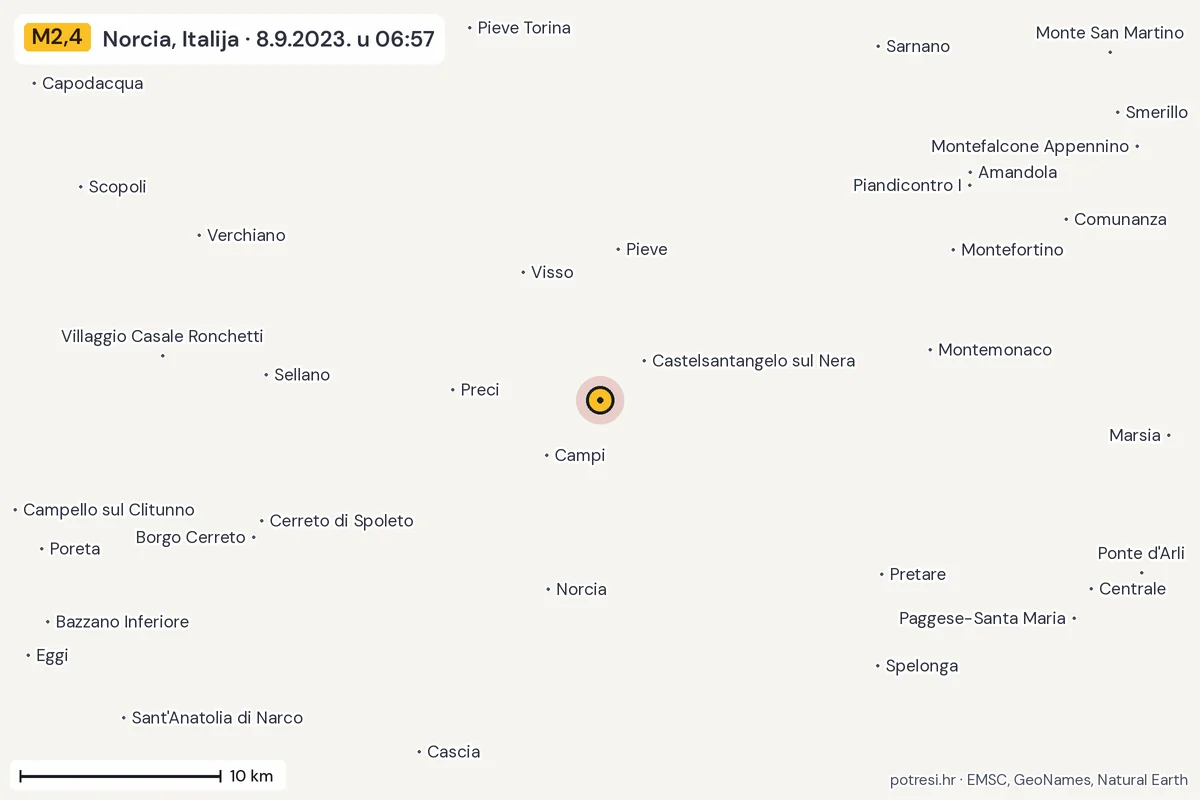 Karta: okolica epicentra, 60 km, potres M2,4, Norcia, Italija, 8.9.2023.