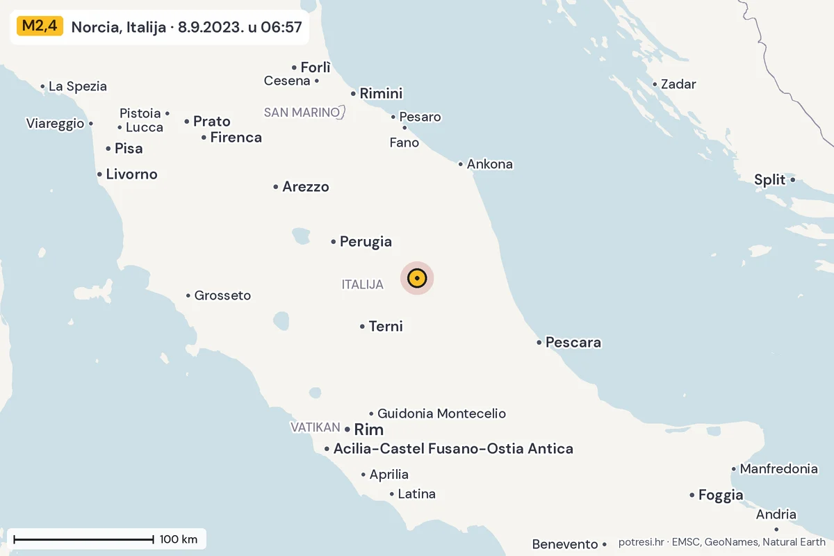 Karta: šire područje, 600 km, potres M2,4, Norcia, Italija, 8.9.2023.