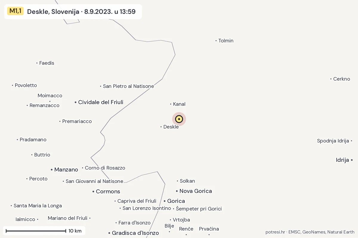 Karta: okolica epicentra, 60 km, potres M1,1, Deskle, Slovenija, 8.9.2023.