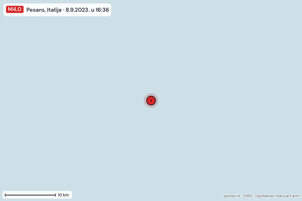 Karta: okolica epicentra, 60 km, potres M4,0, Pesaro, Italija, 8.9.2023.