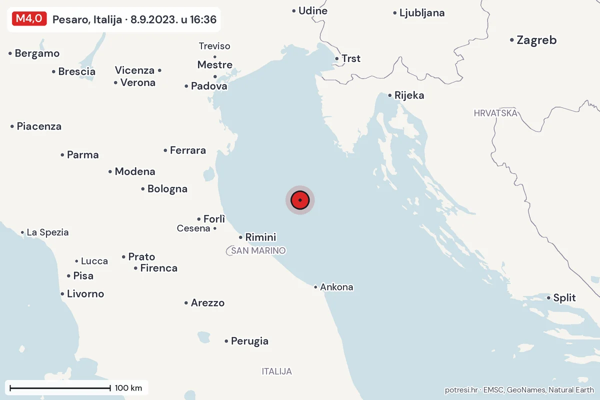Karta: šire područje, 600 km, potres M4,0, Pesaro, Italija, 8.9.2023.