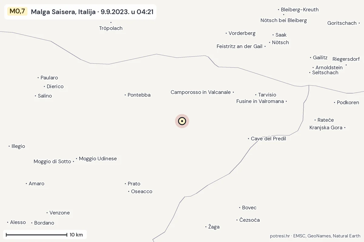 Karta: okolica epicentra, 60 km, potres M0,7, Malga Saisera, Italija, 9.9.2023.