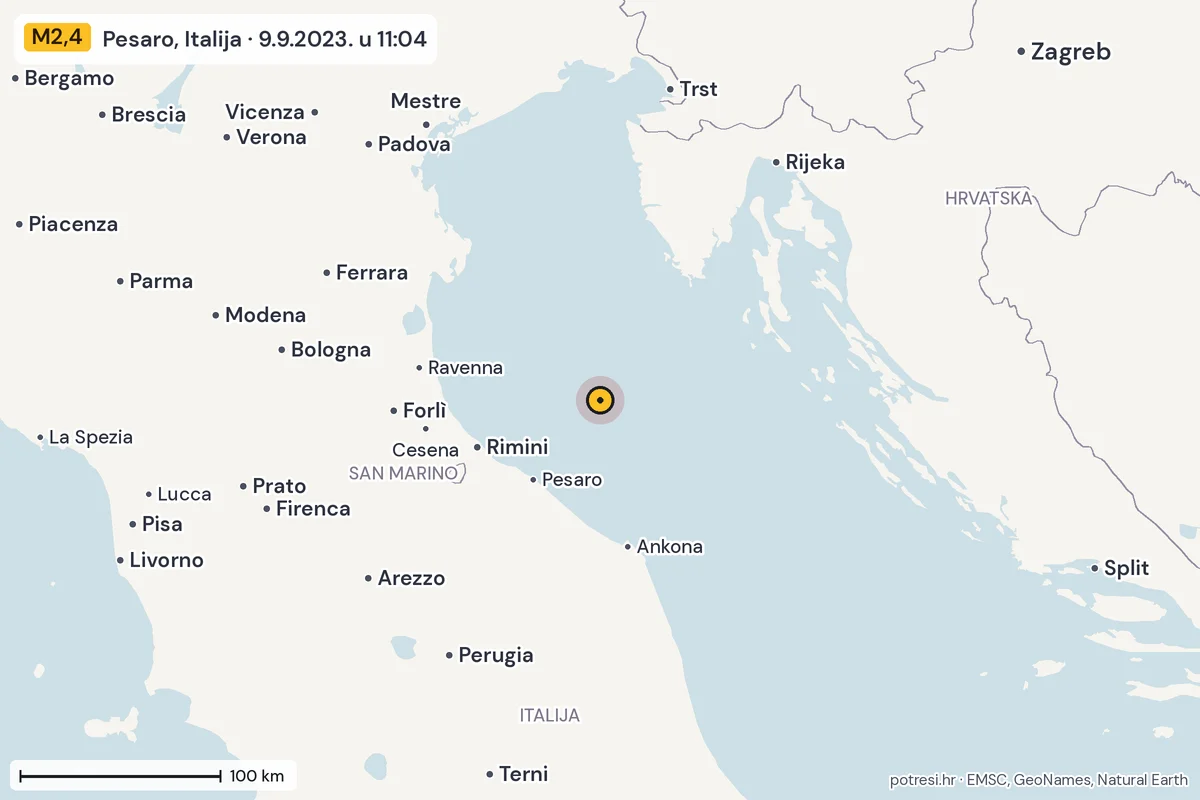Karta: šire područje, 600 km, potres M2,4, Pesaro, Italija, 9.9.2023.