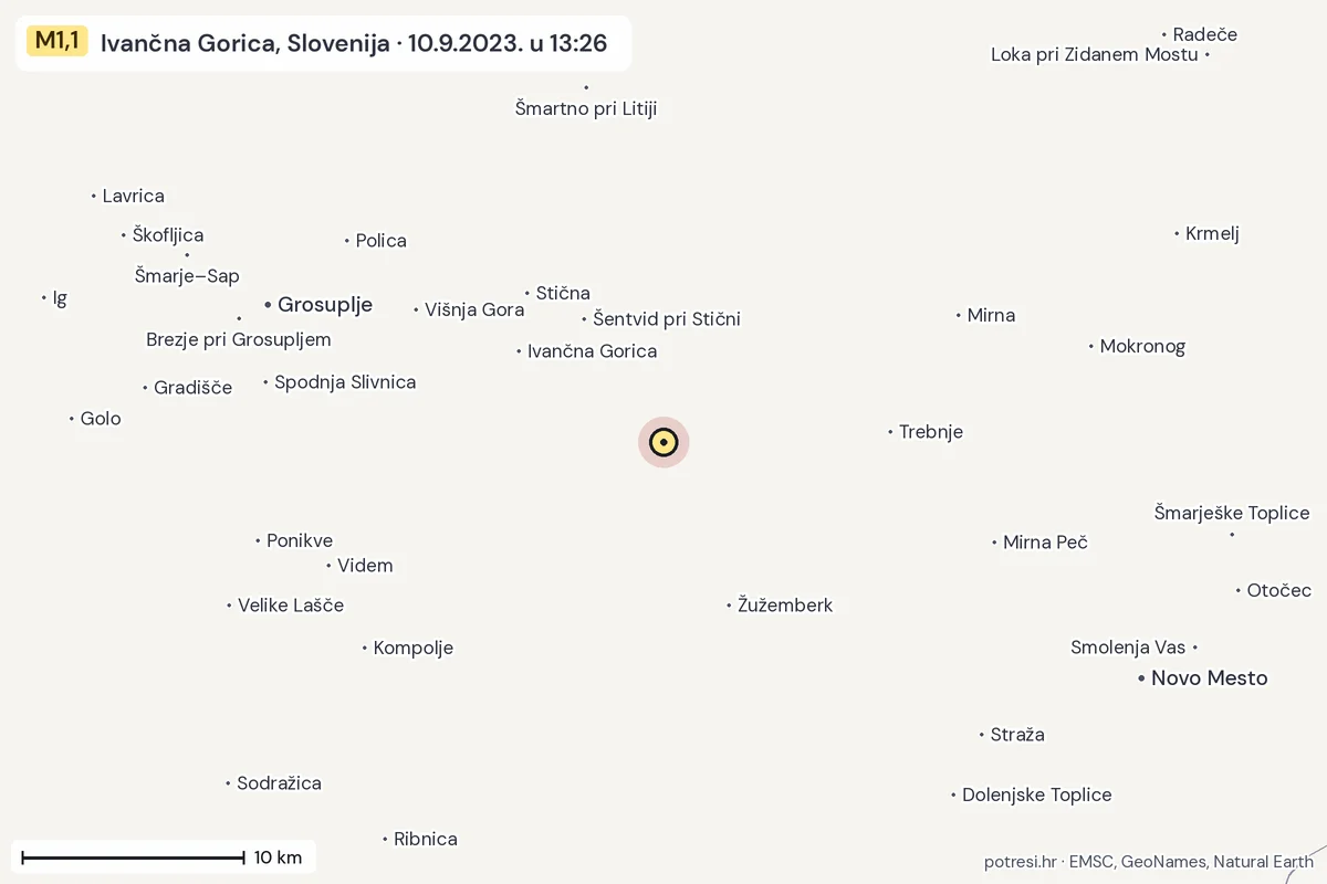 Karta: okolica epicentra, 60 km, potres M1,1, Ivančna Gorica, Slovenija, 10.9.2023.