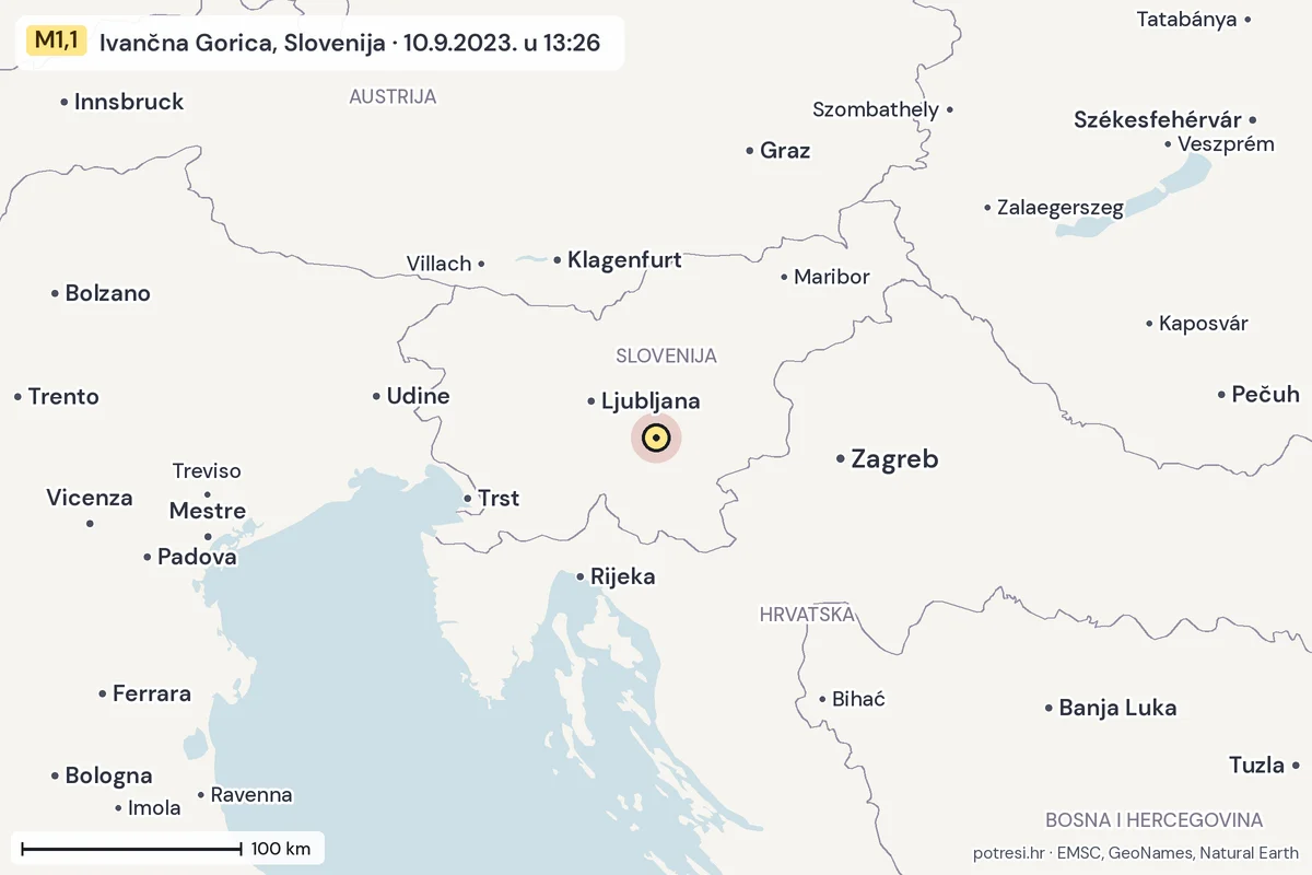 Karta: šire područje, 600 km, potres M1,1, Ivančna Gorica, Slovenija, 10.9.2023.
