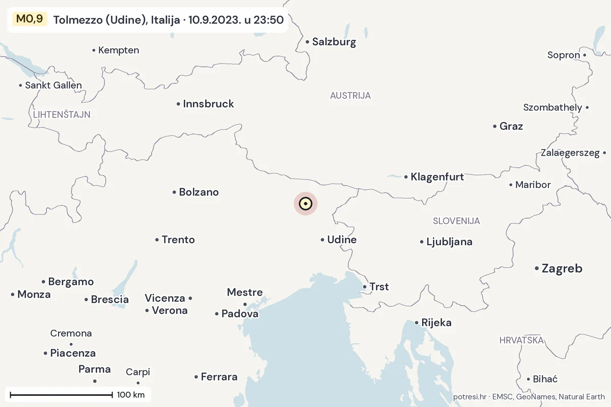 Karta: šire područje, 600 km, potres M0,9, Tolmezzo (Udine), Italija, 10.9.2023.