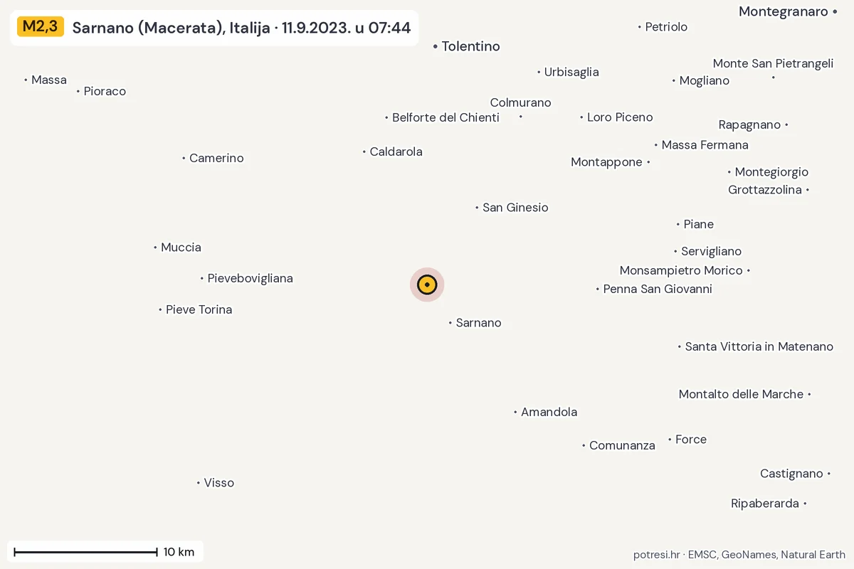 Karta: okolica epicentra, 60 km, potres M2,3, Sarnano (Macerata), Italija, 11.9.2023.