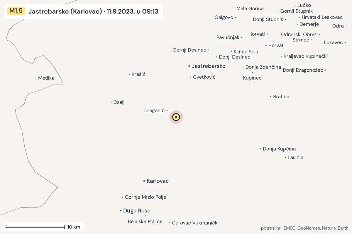 Karta: okolica epicentra, 60 km, potres M1,5, Jastrebarsko (Karlovac), 11.9.2023.