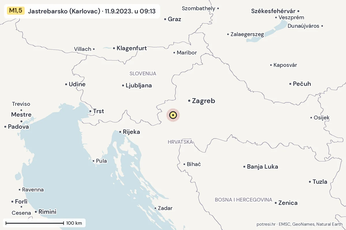Karta: šire područje, 600 km, potres M1,5, Jastrebarsko (Karlovac), 11.9.2023.