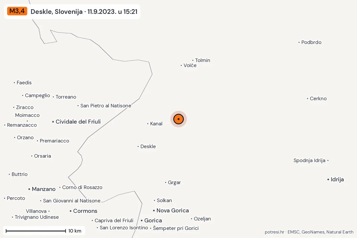 Karta: okolica epicentra, 60 km, potres M3,4, Deskle, Slovenija, 11.9.2023.