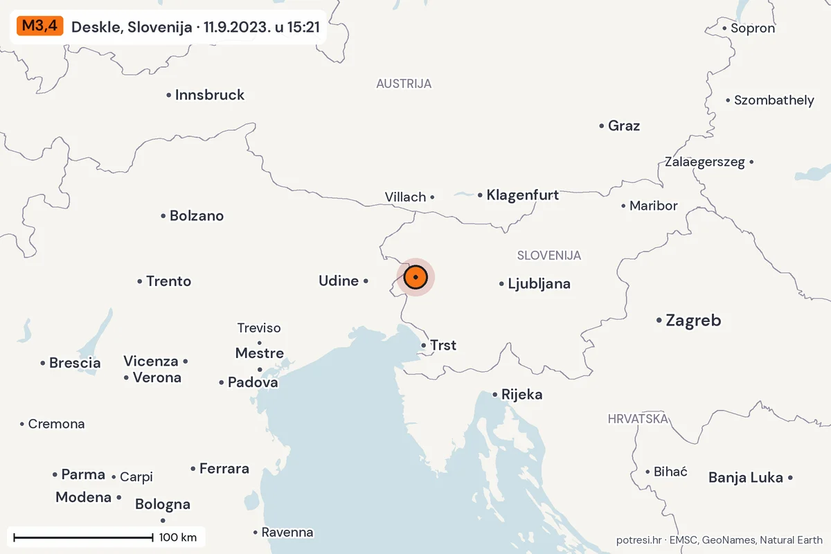 Karta: šire područje, 600 km, potres M3,4, Deskle, Slovenija, 11.9.2023.