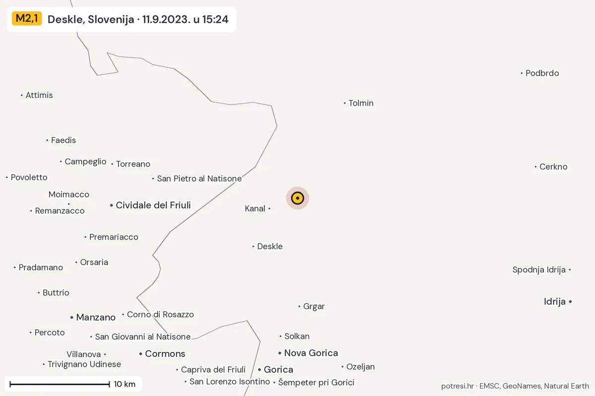 Karta: okolica epicentra, 60 km, potres M2,1, Deskle, Slovenija, 11.9.2023.