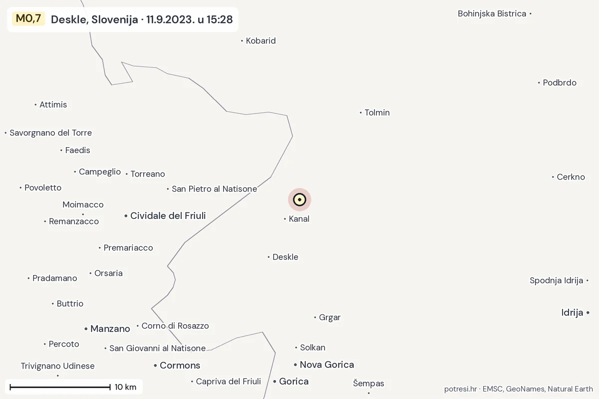 Karta: okolica epicentra, 60 km, potres M0,7, Deskle, Slovenija, 11.9.2023.