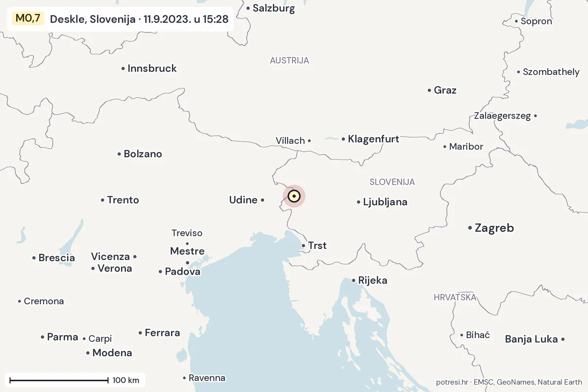 Karta: šire područje, 600 km, potres M0,7, Deskle, Slovenija, 11.9.2023.