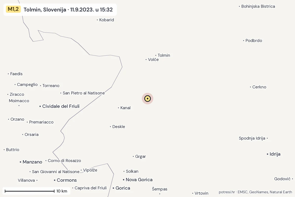 Karta: okolica epicentra, 60 km, potres M1,2, Tolmin, Slovenija, 11.9.2023.