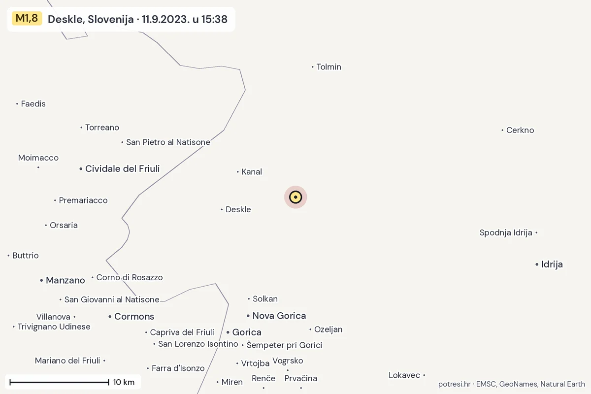 Karta: okolica epicentra, 60 km, potres M1,8, Deskle, Slovenija, 11.9.2023.