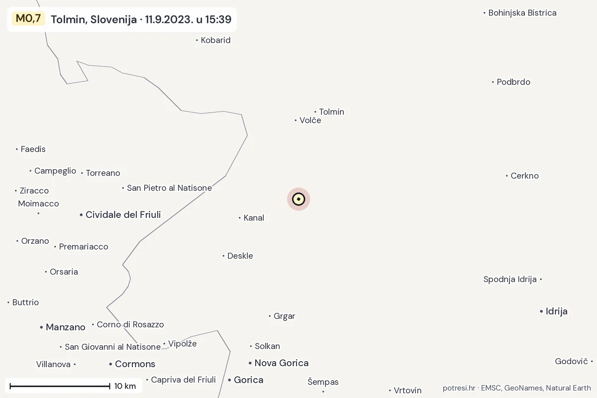 Karta: okolica epicentra, 60 km, potres M0,7, Tolmin, Slovenija, 11.9.2023.