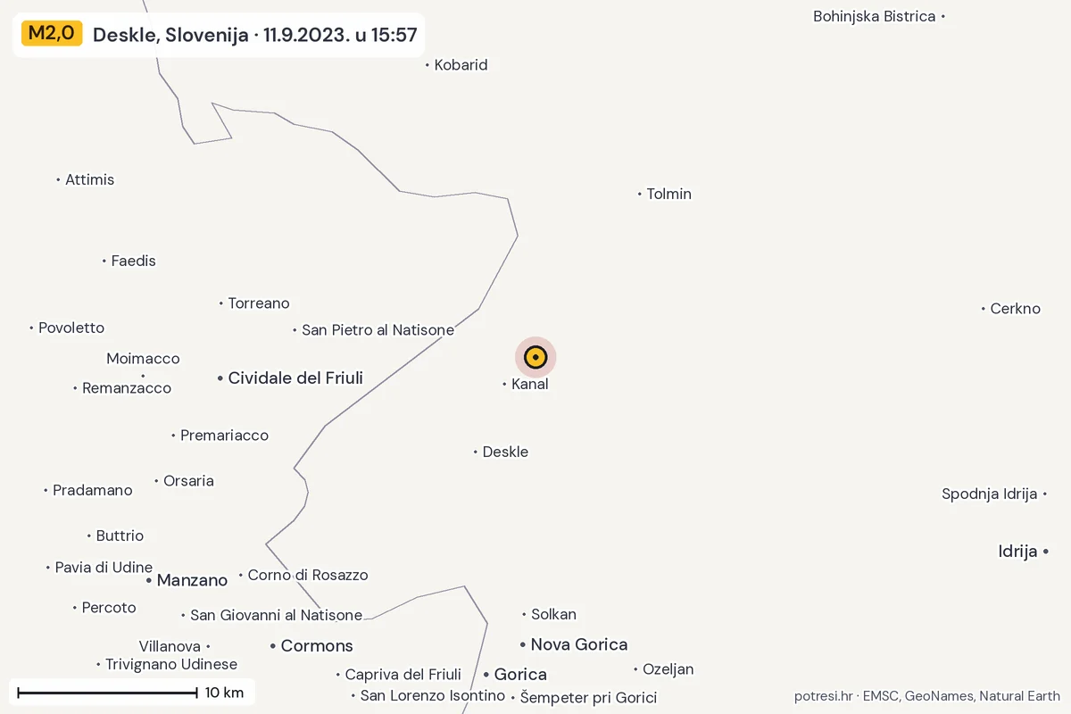 Karta: okolica epicentra, 60 km, potres M2,0, Deskle, Slovenija, 11.9.2023.