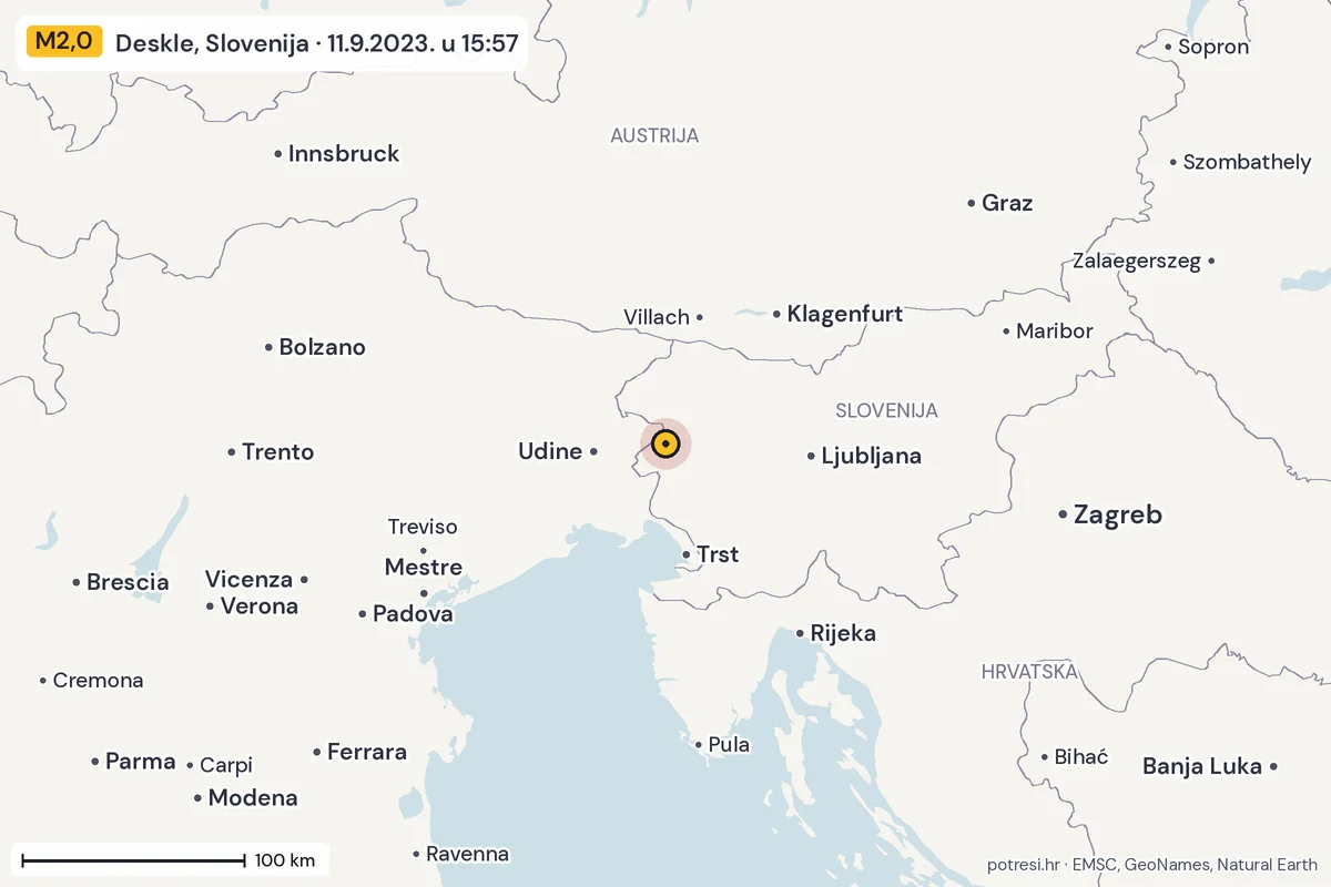 Karta: šire područje, 600 km, potres M2,0, Deskle, Slovenija, 11.9.2023.