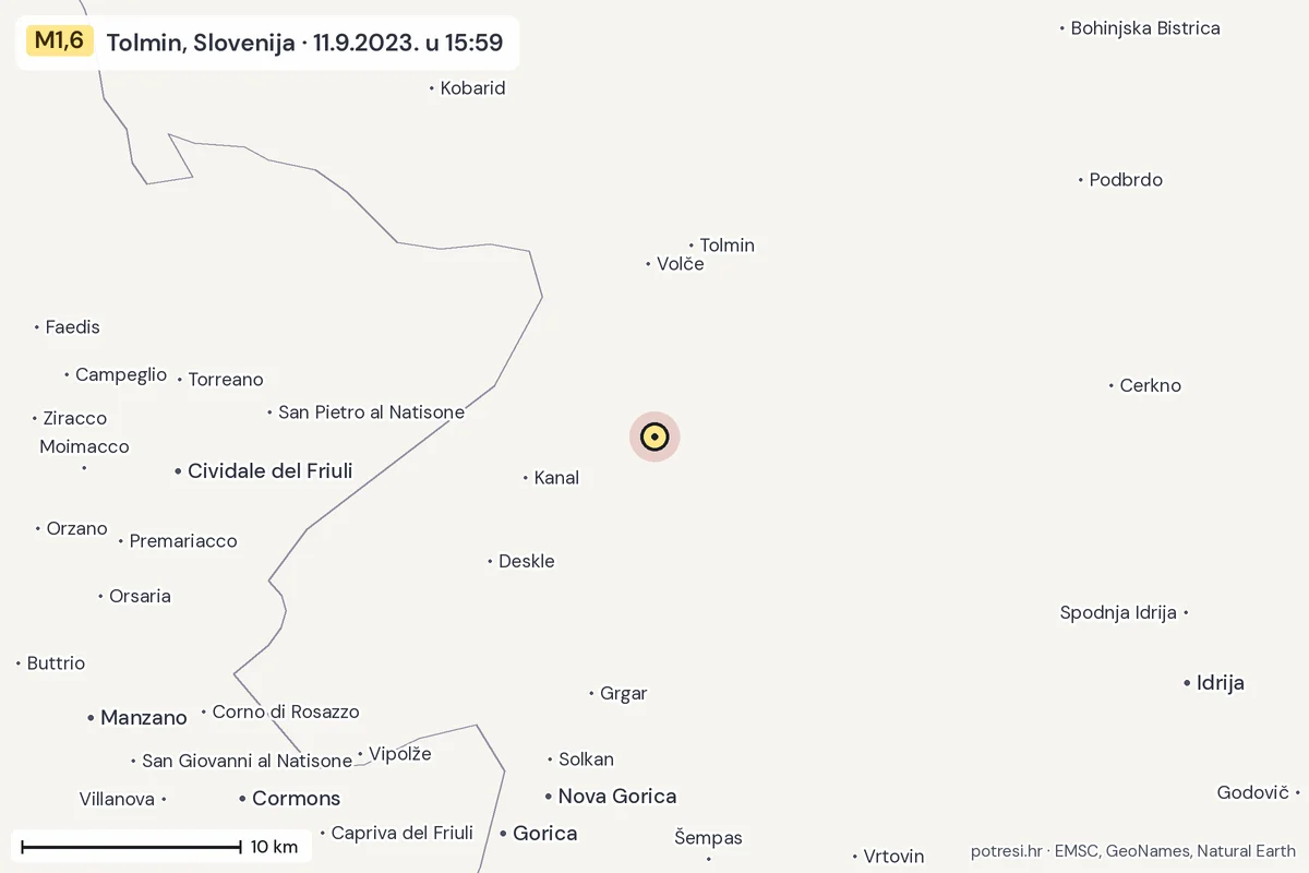 Karta: okolica epicentra, 60 km, potres M1,6, Tolmin, Slovenija, 11.9.2023.