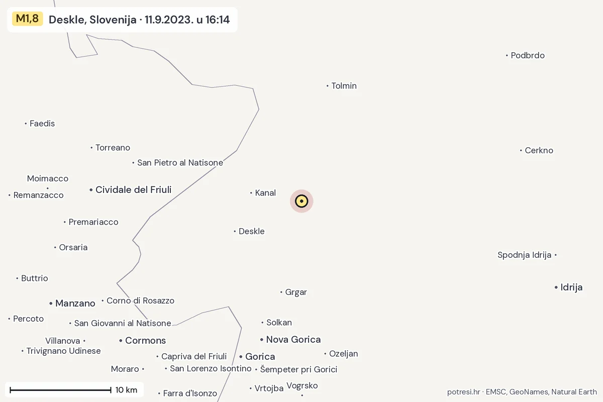 Karta: okolica epicentra, 60 km, potres M1,8, Deskle, Slovenija, 11.9.2023.