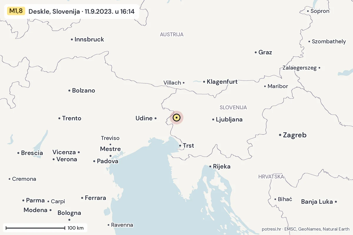 Karta: šire područje, 600 km, potres M1,8, Deskle, Slovenija, 11.9.2023.