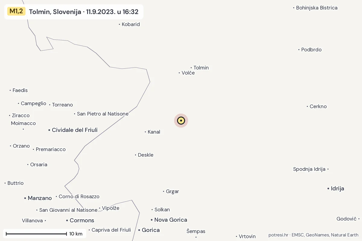 Karta: okolica epicentra, 60 km, potres M1,2, Tolmin, Slovenija, 11.9.2023.