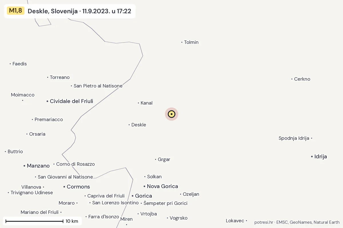 Karta: okolica epicentra, 60 km, potres M1,8, Deskle, Slovenija, 11.9.2023.