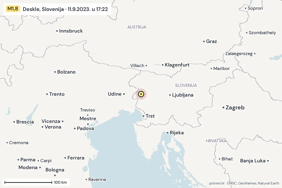 Karta: šire područje, 600 km, potres M1,8, Deskle, Slovenija, 11.9.2023.