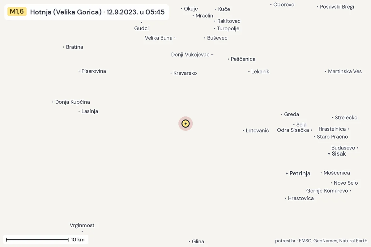 Karta: okolica epicentra, 60 km, potres M1,6, Hotnja (Velika Gorica), 12.9.2023.