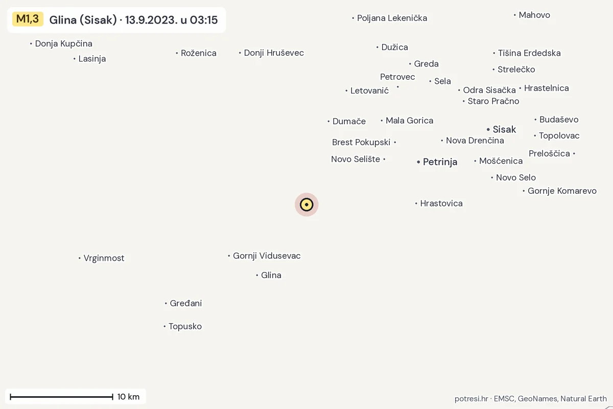Karta: okolica epicentra, 60 km, potres M1,3, Glina (Sisak), 13.9.2023.
