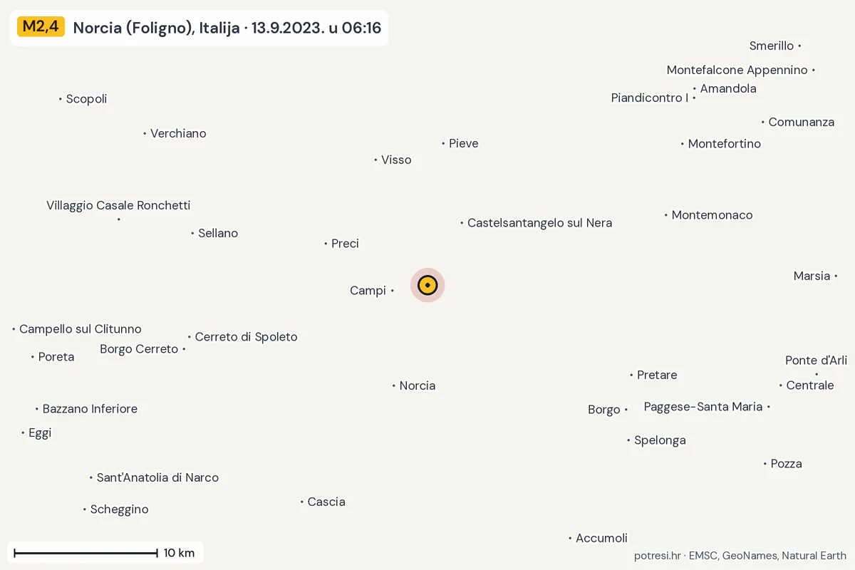 Karta: okolica epicentra, 60 km, potres M2,4, Norcia (Foligno), Italija, 13.9.2023.