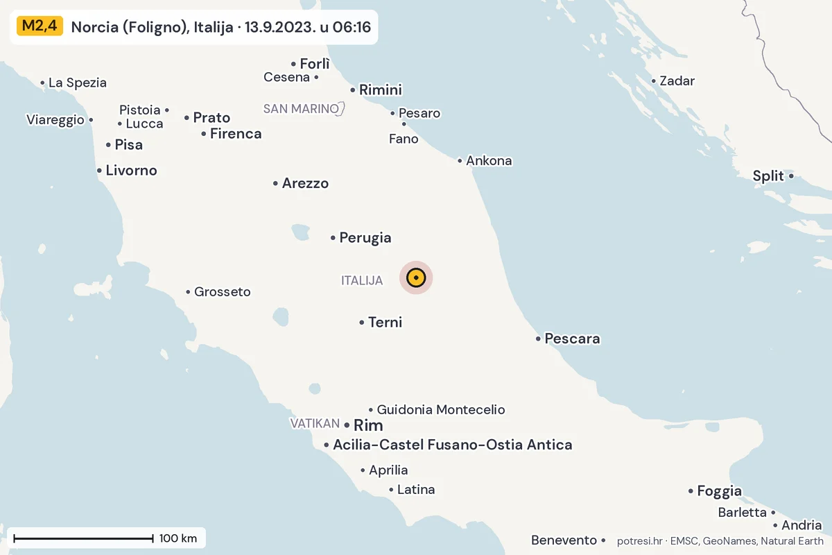 Karta: šire područje, 600 km, potres M2,4, Norcia (Foligno), Italija, 13.9.2023.