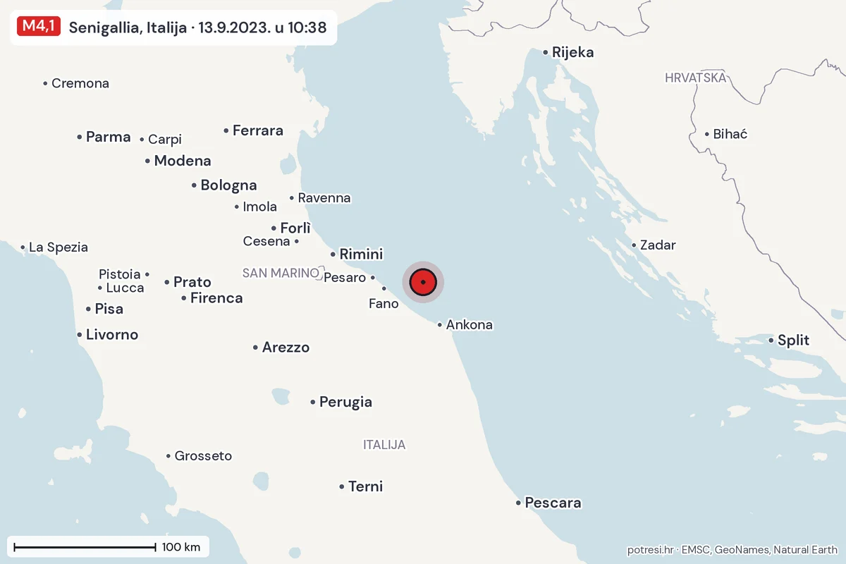 Karta: šire područje, 600 km, potres M4,1, Senigallia, Italija, 13.9.2023.