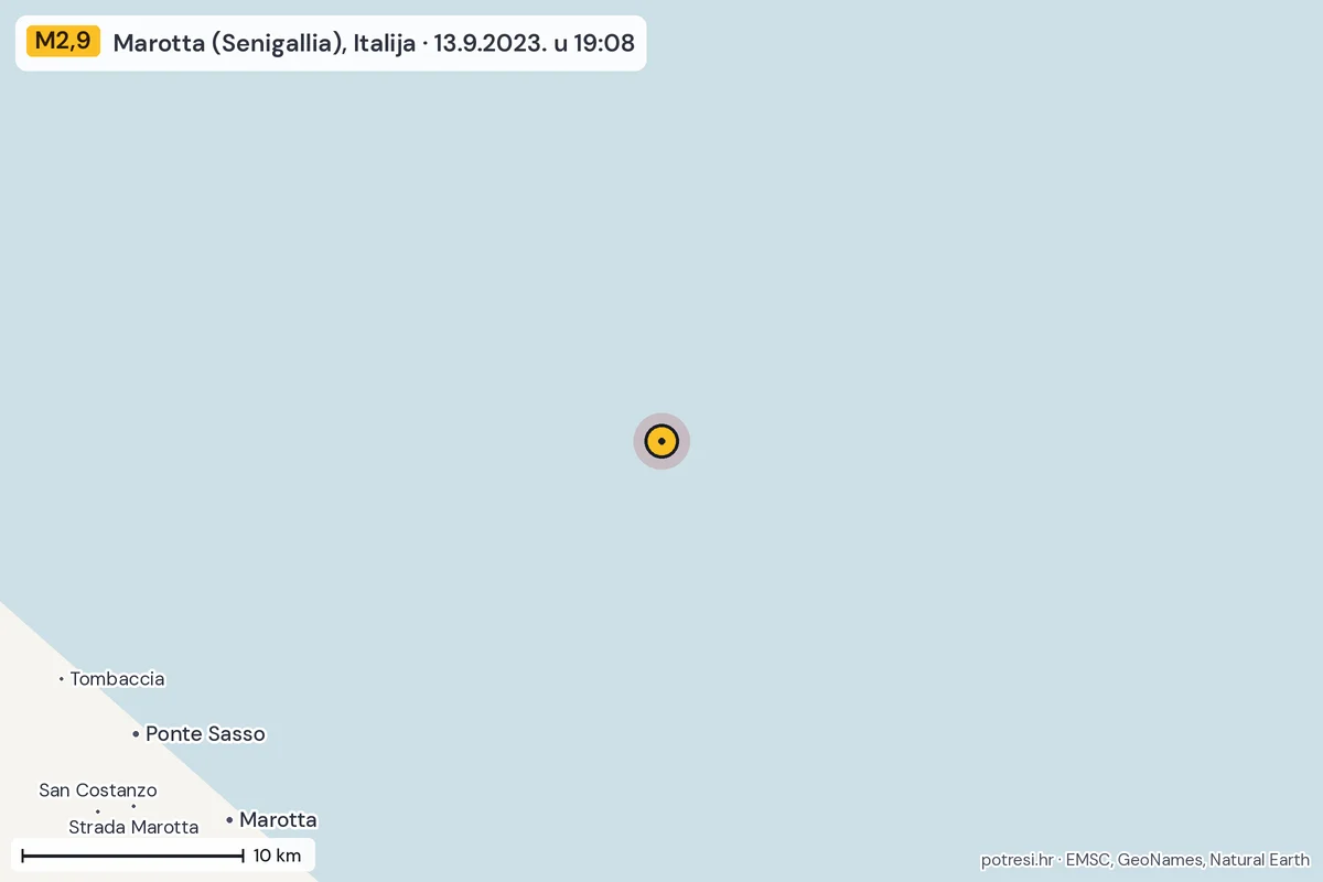 Karta: okolica epicentra, 60 km, potres M2,9, Marotta (Senigallia), Italija, 13.9.2023.