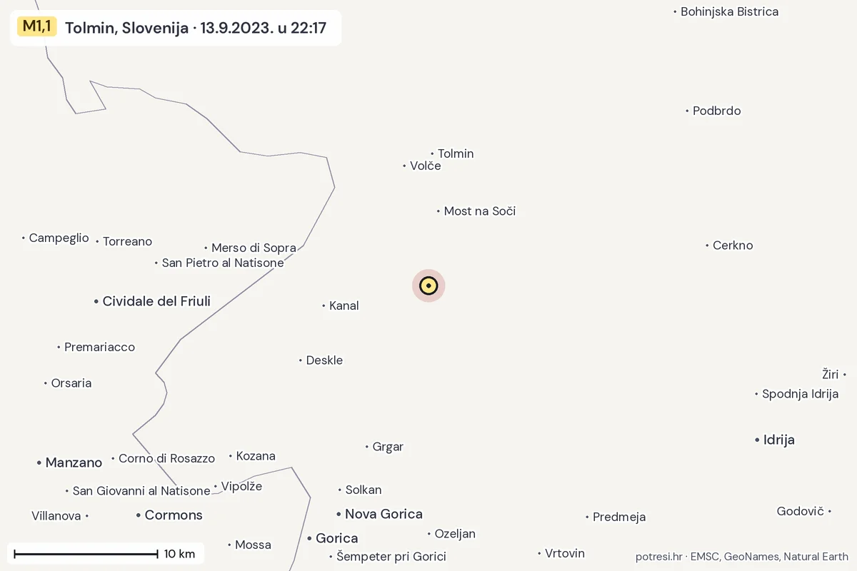 Karta: okolica epicentra, 60 km, potres M1,1, Tolmin, Slovenija, 13.9.2023.