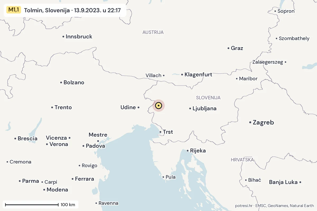 Karta: šire područje, 600 km, potres M1,1, Tolmin, Slovenija, 13.9.2023.