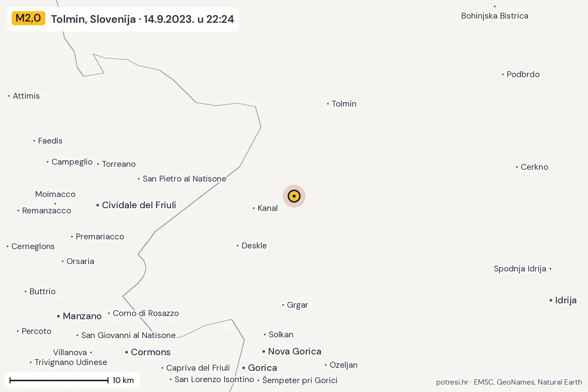Karta: okolica epicentra, 60 km, potres M2,0, Tolmin, Slovenija, 14.9.2023.