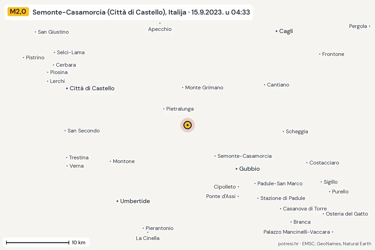Karta: okolica epicentra, 60 km, potres M2,0, Semonte-Casamorcia (Città di Castello), Italija, 15.9.2023.