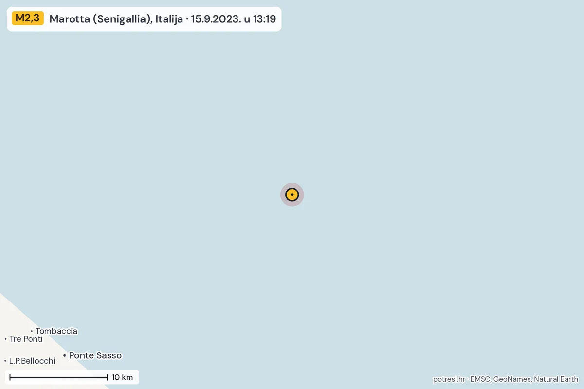 Karta: okolica epicentra, 60 km, potres M2,3, Marotta (Senigallia), Italija, 15.9.2023.