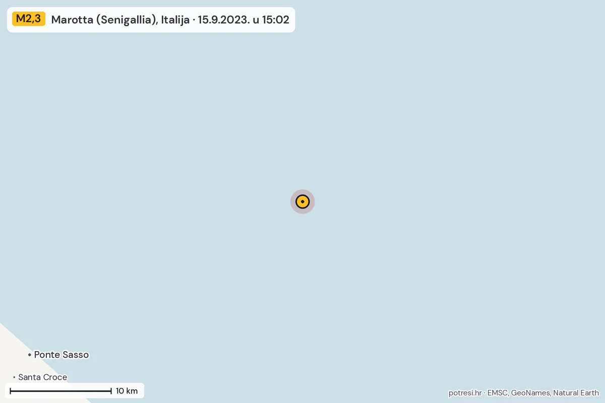 Karta: okolica epicentra, 60 km, potres M2,3, Marotta (Senigallia), Italija, 15.9.2023.