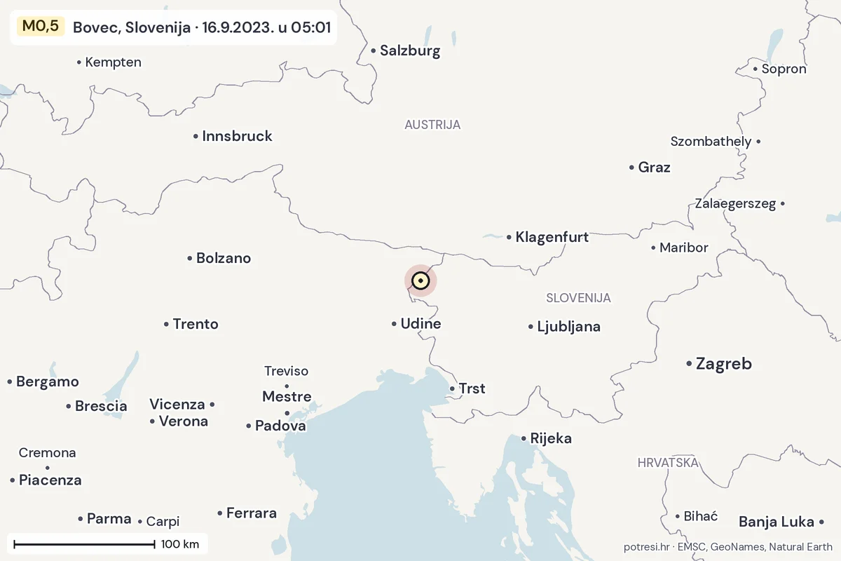 Karta: šire područje, 600 km, potres M0,5, Bovec, Slovenija, 16.9.2023.