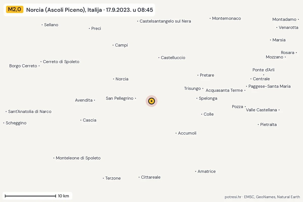 Karta: okolica epicentra, 60 km, potres M2,0, Norcia (Ascoli Piceno), Italija, 17.9.2023.
