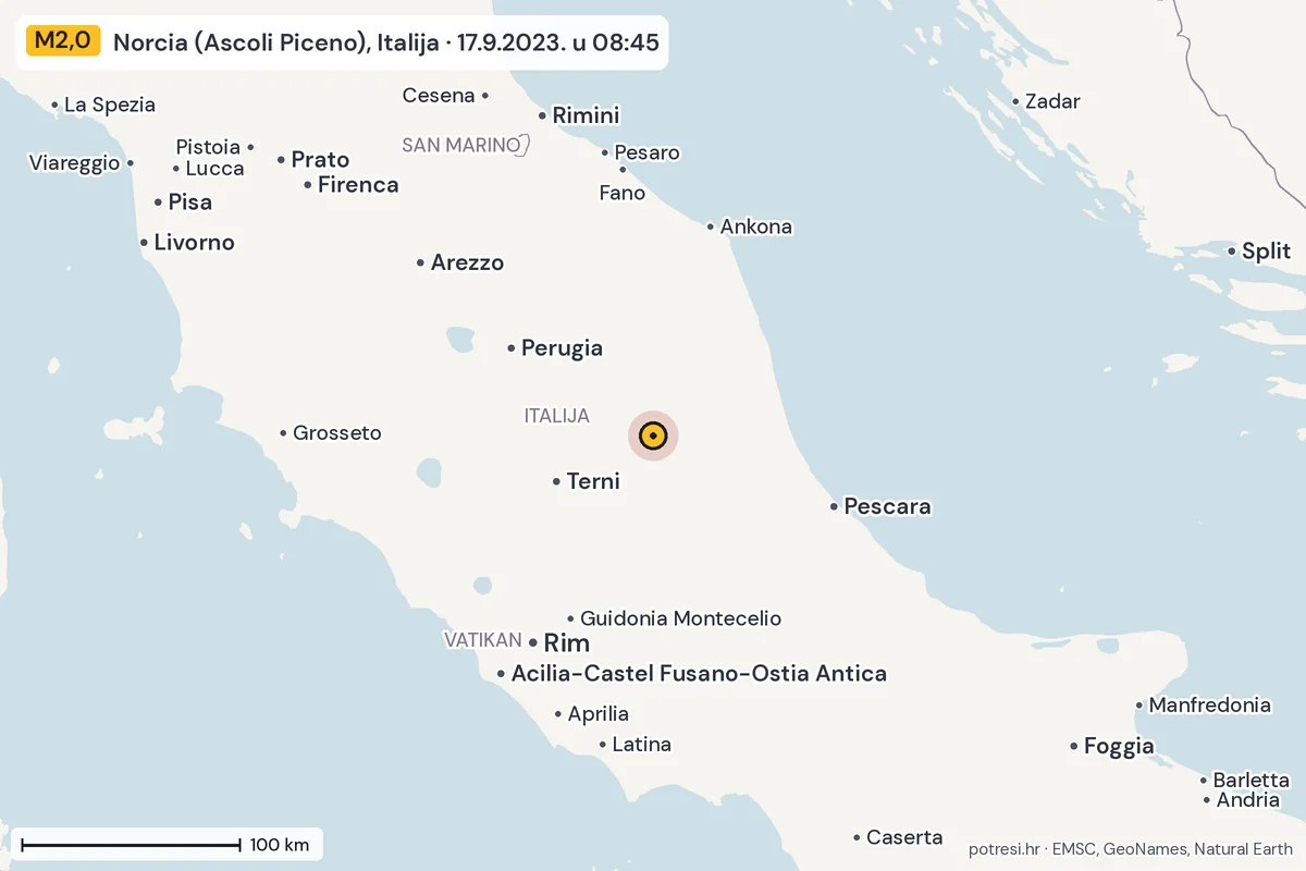 Karta: šire područje, 600 km, potres M2,0, Norcia (Ascoli Piceno), Italija, 17.9.2023.