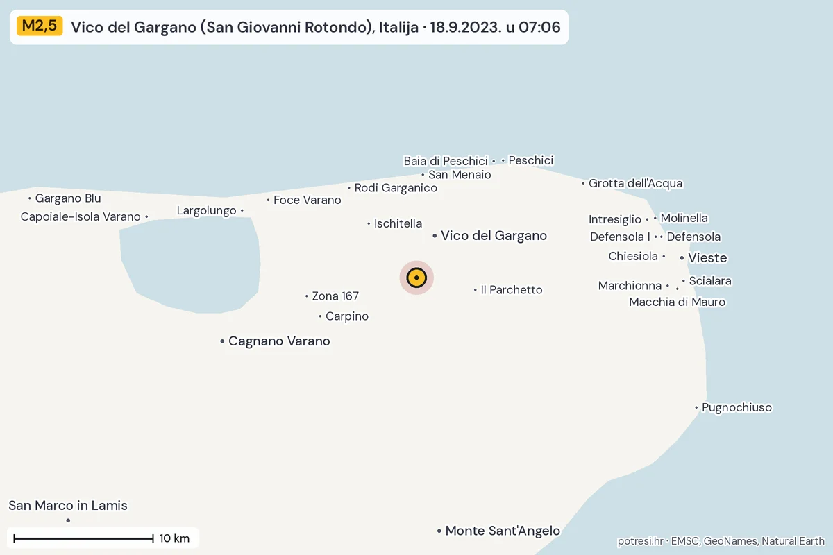 Karta: okolica epicentra, 60 km, potres M2,5, Vico del Gargano (San Giovanni Rotondo), Italija, 18.9.2023.
