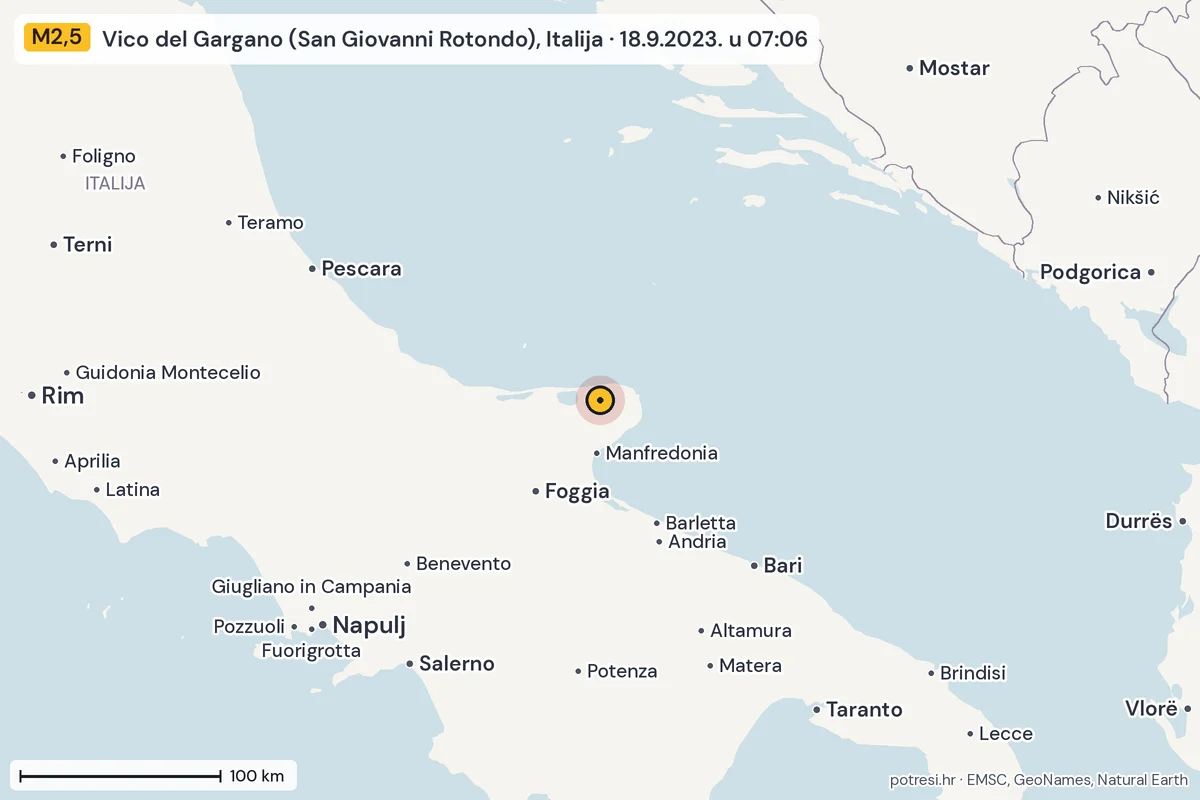 Karta: šire područje, 600 km, potres M2,5, Vico del Gargano (San Giovanni Rotondo), Italija, 18.9.2023.