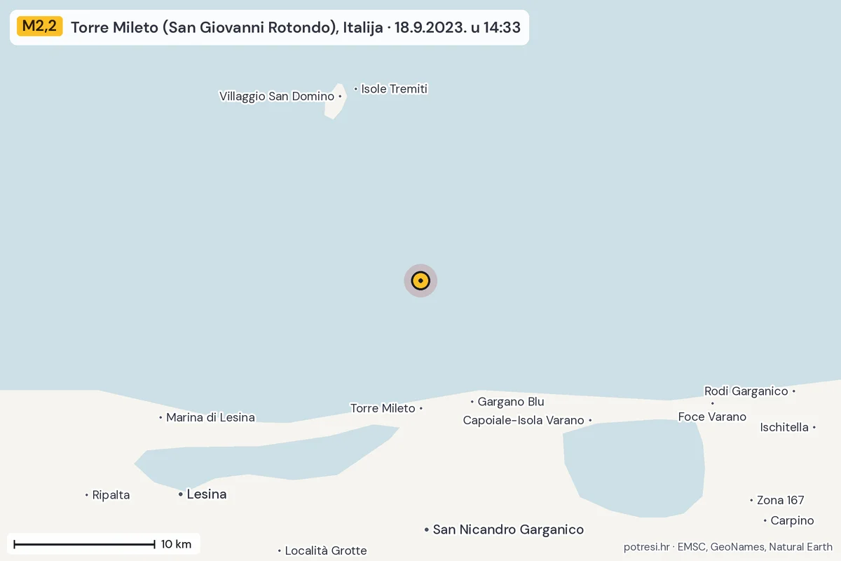 Karta: okolica epicentra, 60 km, potres M2,2, Torre Mileto (San Giovanni Rotondo), Italija, 18.9.2023.
